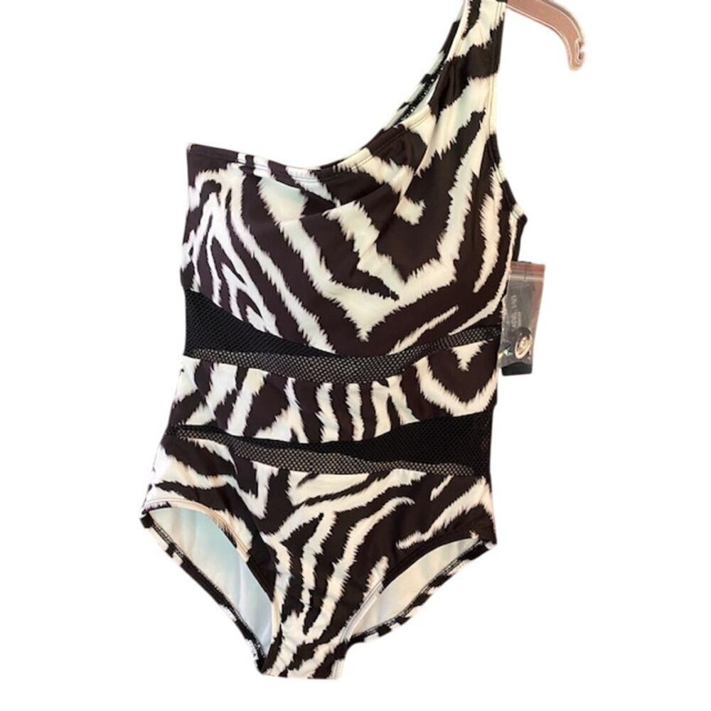 Carmen Marc Valvo Swimsuit Women's 10 One Piece One Shoulder Black White Mesh‎